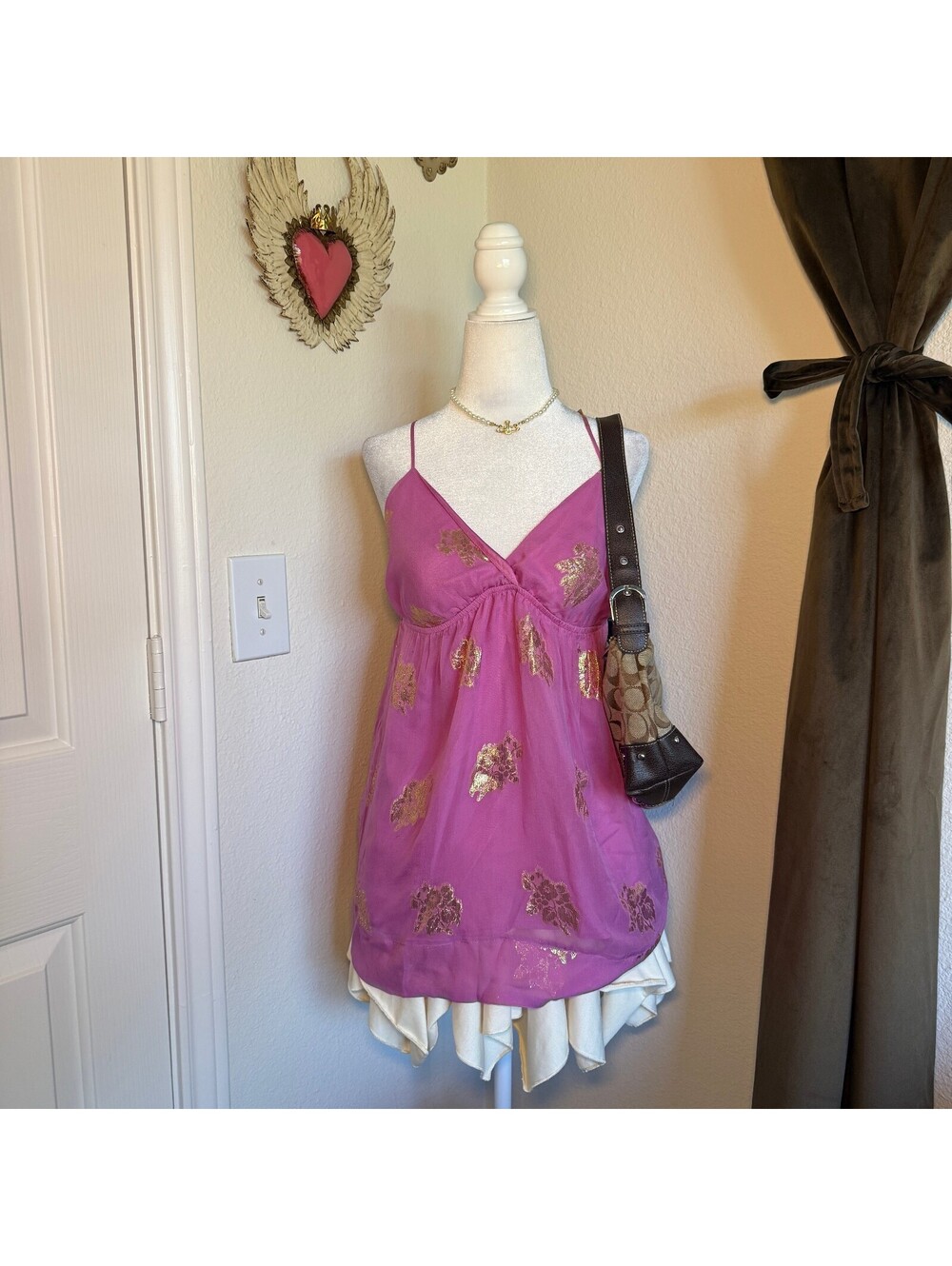 Yumi Kim Silk Babydoll Mini Dress Pink Gold Metallic Mermaid Fairycore Boho Y2K